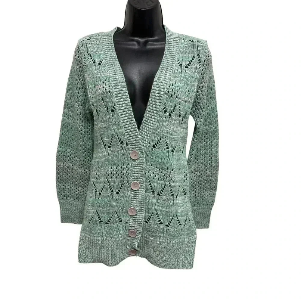 Takeout Women's V-Neck Hollow Knit Cardigan Sweater Green Size M